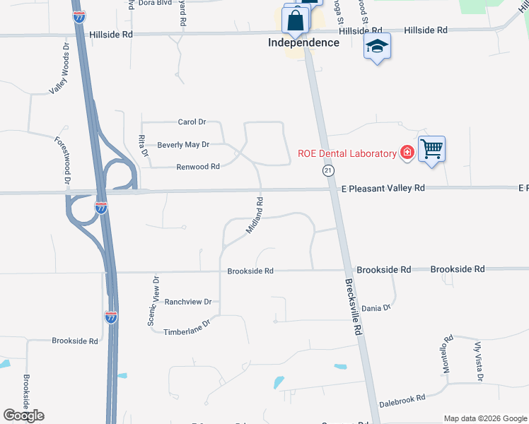map of restaurants, bars, coffee shops, grocery stores, and more near 6807 Highland Drive in Independence