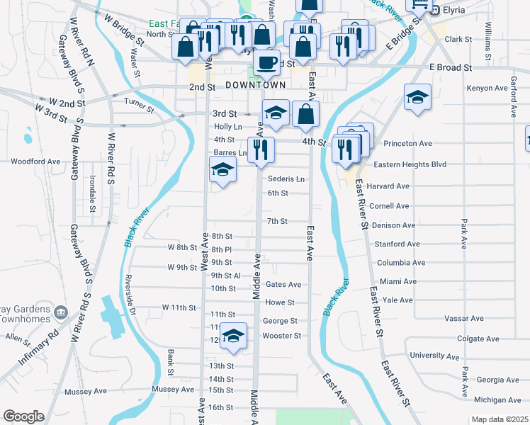 map of restaurants, bars, coffee shops, grocery stores, and more near 4 Glover Court in Elyria