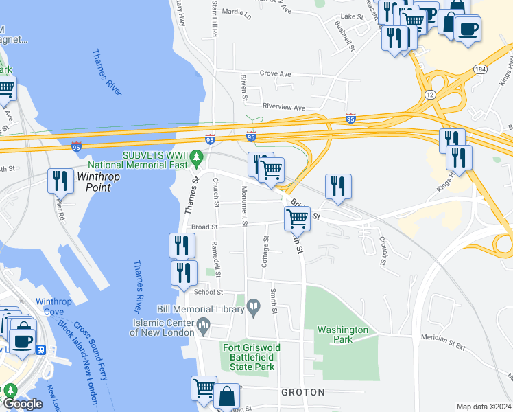 map of restaurants, bars, coffee shops, grocery stores, and more near 65 Spicer Avenue in Groton