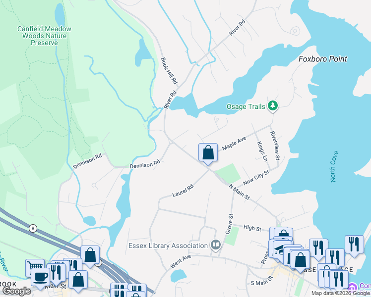 map of restaurants, bars, coffee shops, grocery stores, and more near 101 North Main Street in Essex