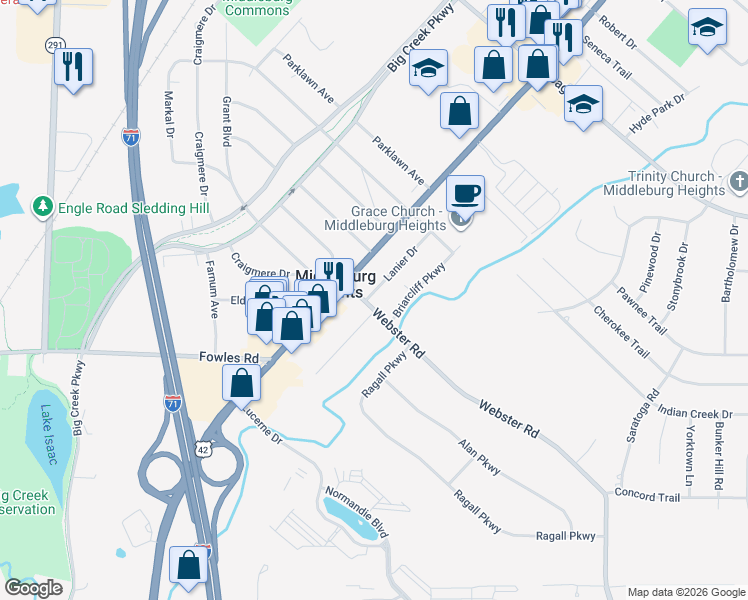 map of restaurants, bars, coffee shops, grocery stores, and more near 16010 Webster Road in Middleburg Heights