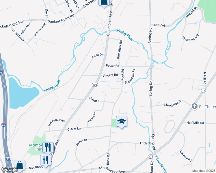 map of restaurants, bars, coffee shops, grocery stores, and more near 184 Rock Road in North Haven