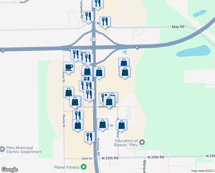 map of restaurants, bars, coffee shops, grocery stores, and more near 4350 Mahoney Drive in Peru