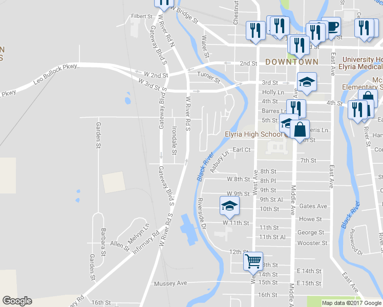 map of restaurants, bars, coffee shops, grocery stores, and more near 6268 West River Road South in Elyria