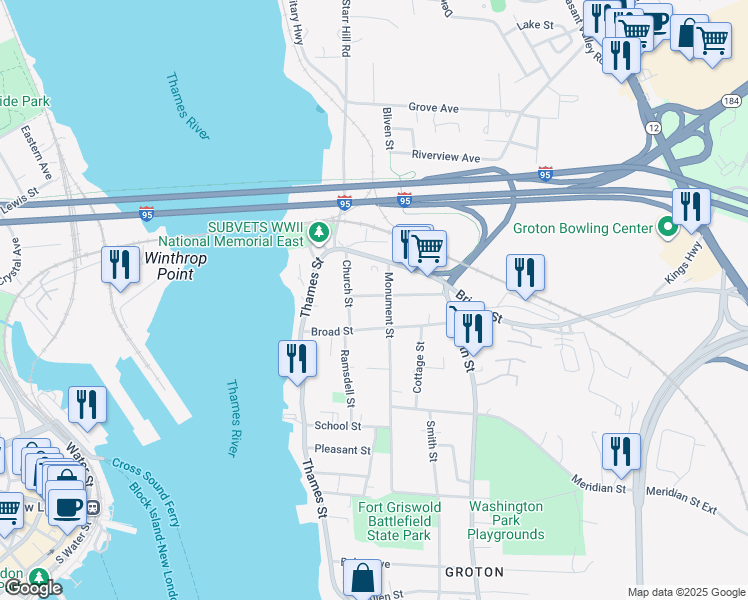 map of restaurants, bars, coffee shops, grocery stores, and more near 29 Spicer Avenue in Groton