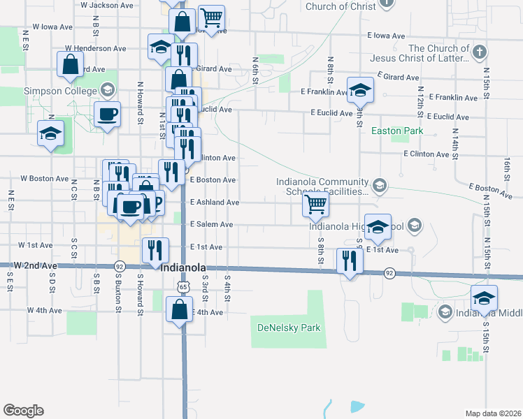 map of restaurants, bars, coffee shops, grocery stores, and more near 701 East Ashland Avenue in Indianola