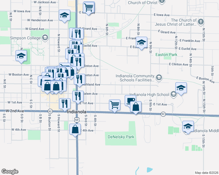map of restaurants, bars, coffee shops, grocery stores, and more near 701 E Ashland Ave in Indianola