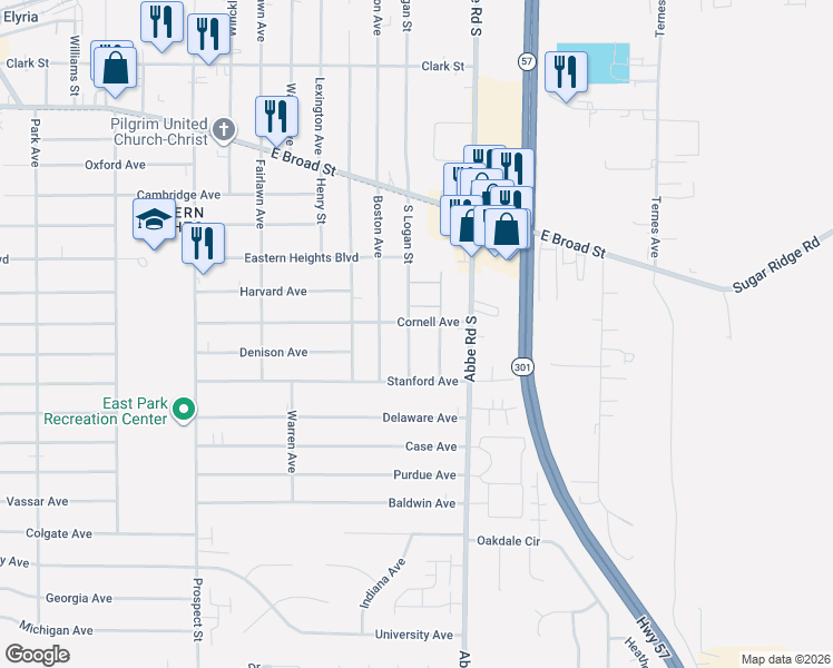 map of restaurants, bars, coffee shops, grocery stores, and more near 806 South Logan Street in Elyria