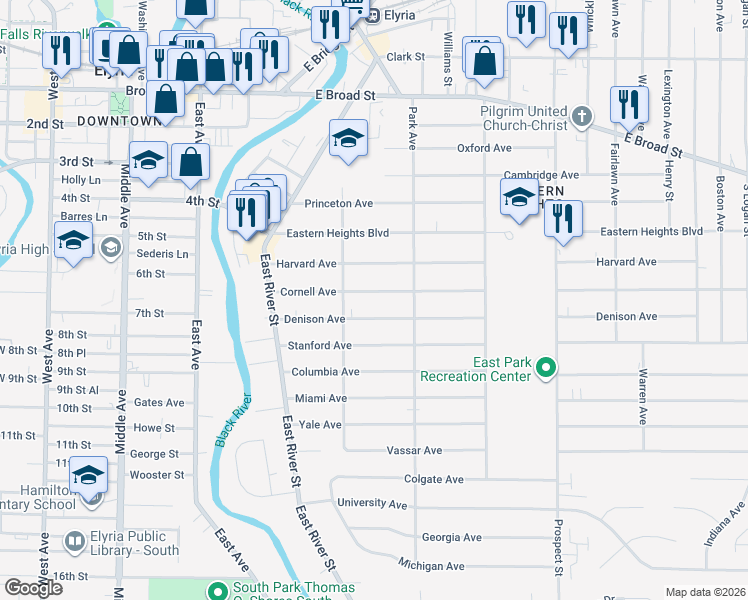 map of restaurants, bars, coffee shops, grocery stores, and more near 227 Cornell Ave in Elyria