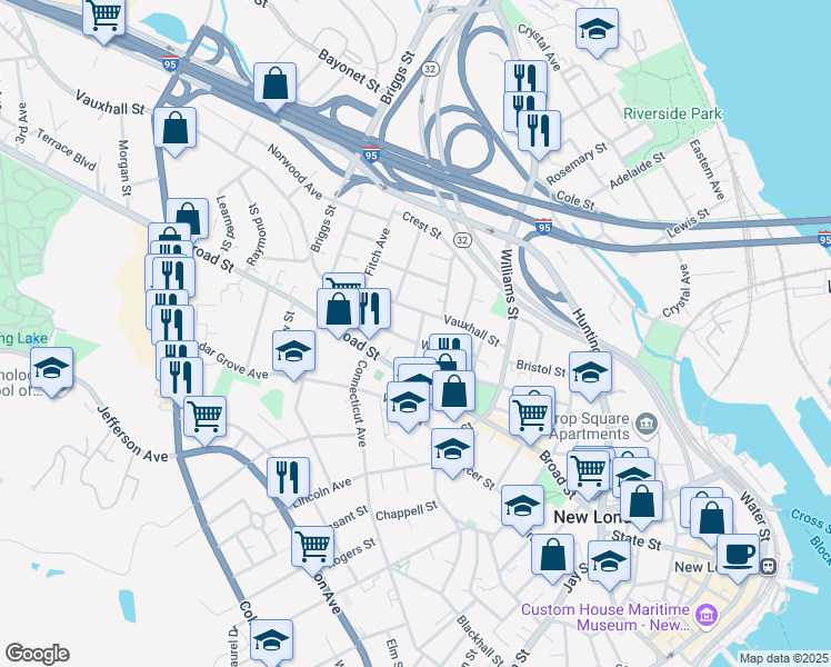 map of restaurants, bars, coffee shops, grocery stores, and more near 38 Center Street in New London