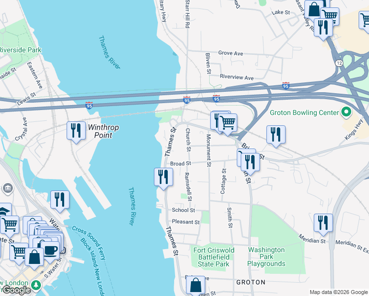 map of restaurants, bars, coffee shops, grocery stores, and more near 57 Church Street in Groton
