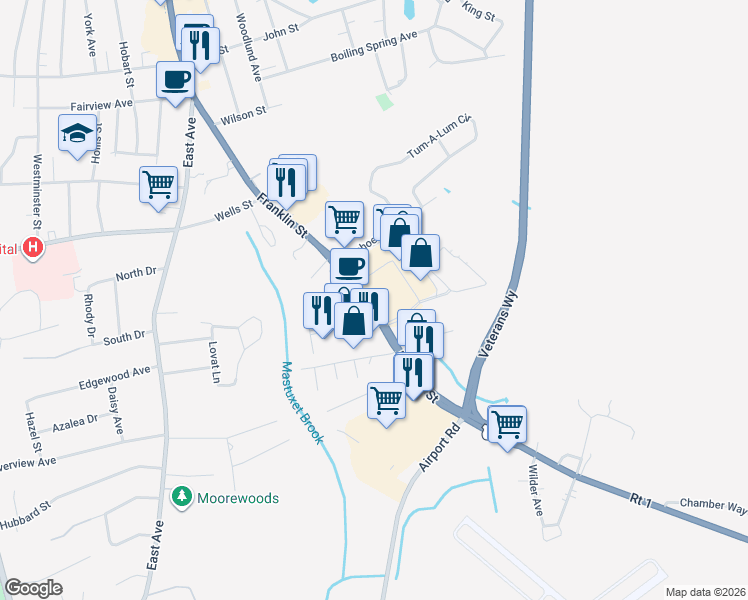 map of restaurants, bars, coffee shops, grocery stores, and more near 112 U.S. 1 in Westerly