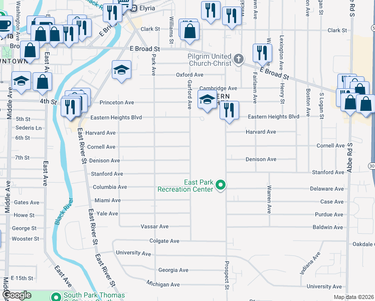 map of restaurants, bars, coffee shops, grocery stores, and more near 359 Cornell Ave in Elyria