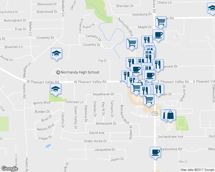 map of restaurants, bars, coffee shops, grocery stores, and more near 1835 West Pleasant Valley Road in Parma