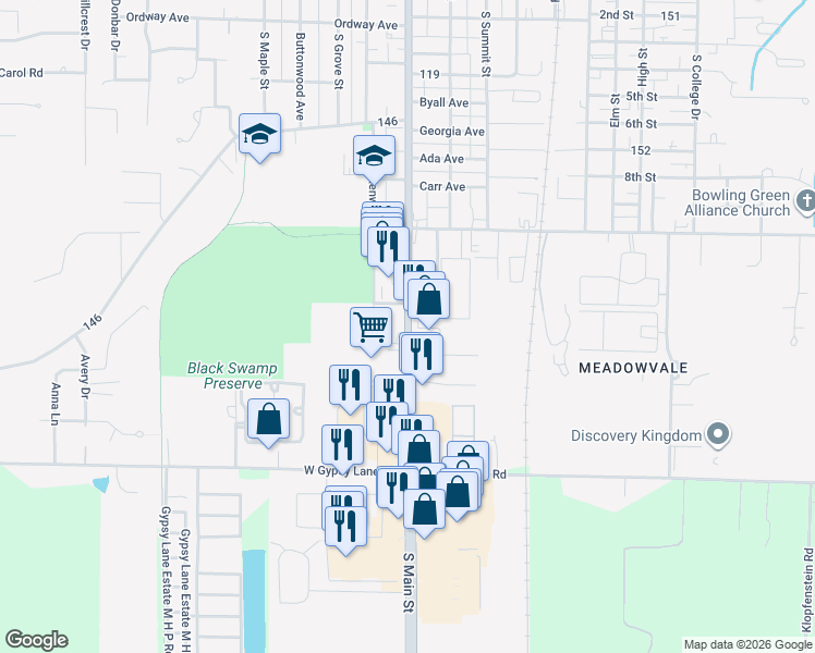 map of restaurants, bars, coffee shops, grocery stores, and more near 967 South Main Street in Bowling Green