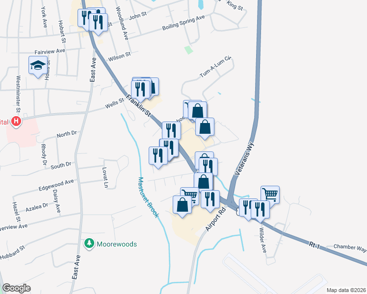 map of restaurants, bars, coffee shops, grocery stores, and more near 112 U.S. 1 in Westerly