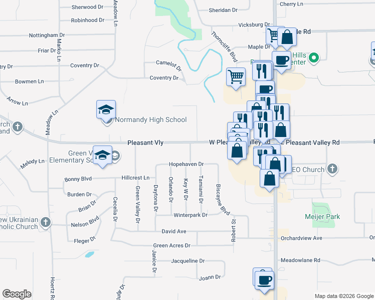 map of restaurants, bars, coffee shops, grocery stores, and more near 1835 West Pleasant Valley Road in Parma