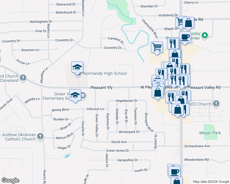 map of restaurants, bars, coffee shops, grocery stores, and more near 2111 West Pleasant Valley Road in Parma