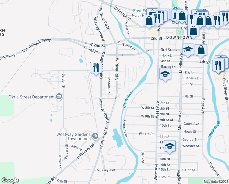 map of restaurants, bars, coffee shops, grocery stores, and more near 6268 West River Road South in Elyria