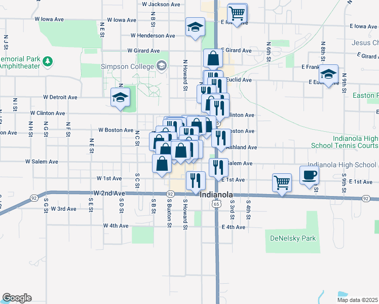 map of restaurants, bars, coffee shops, grocery stores, and more near 122 North Howard Street in Indianola
