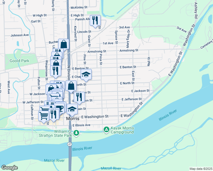 map of restaurants, bars, coffee shops, grocery stores, and more near 725 East North Street in Morris