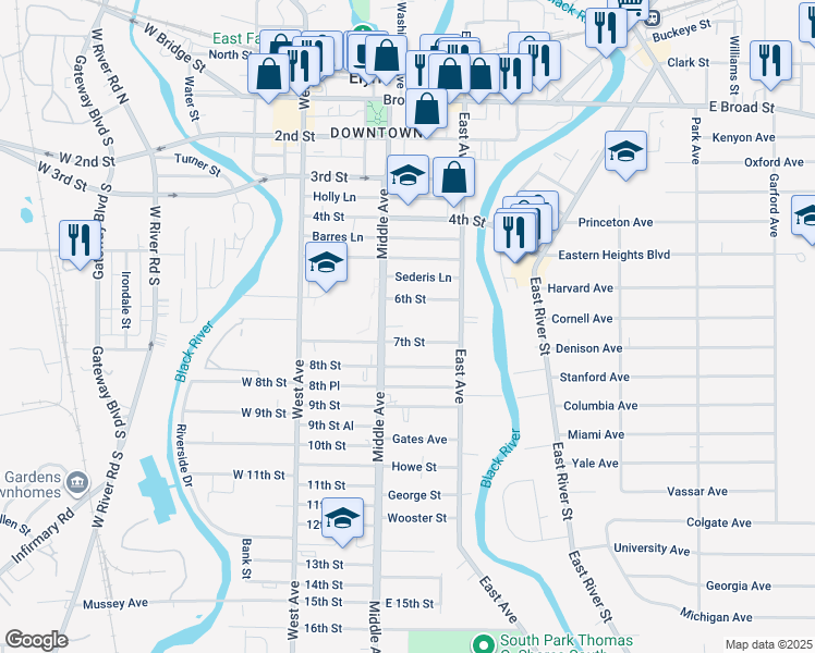 map of restaurants, bars, coffee shops, grocery stores, and more near 227 7th Street in Elyria