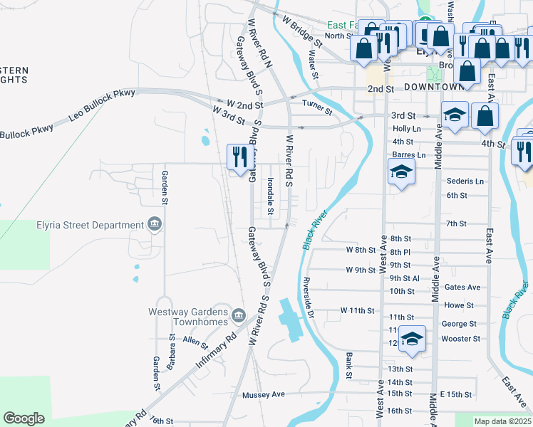 map of restaurants, bars, coffee shops, grocery stores, and more near 163 Irondale Street in Elyria
