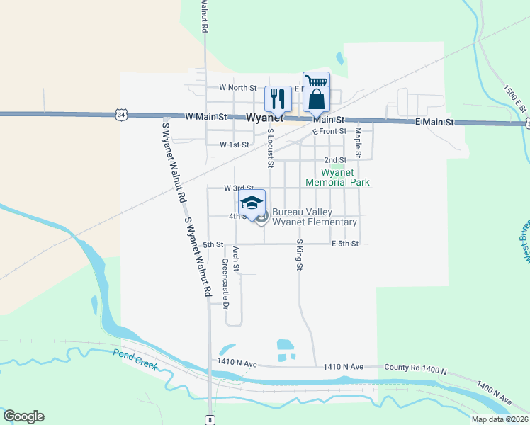 map of restaurants, bars, coffee shops, grocery stores, and more near 110 4th Street in Wyanet