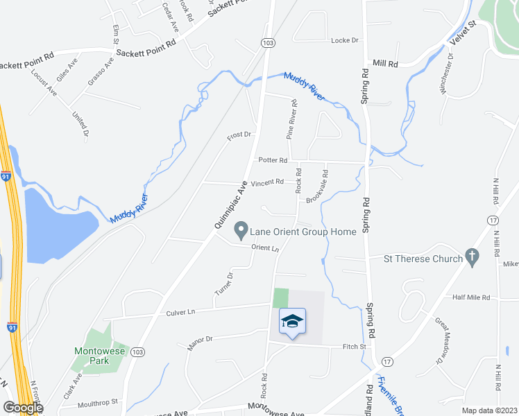 map of restaurants, bars, coffee shops, grocery stores, and more near 184 Rock Road in North Haven