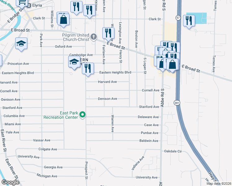 map of restaurants, bars, coffee shops, grocery stores, and more near 635 Cornell Ave in Elyria