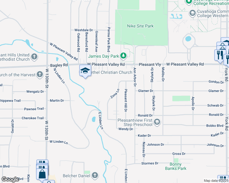 map of restaurants, bars, coffee shops, grocery stores, and more near 7538 Zona Lane in Parma