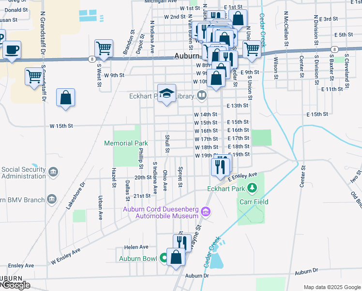 map of restaurants, bars, coffee shops, grocery stores, and more near 320 West 18th Street in Auburn