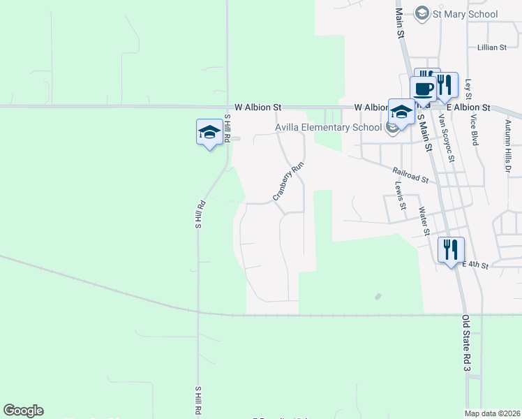 map of restaurants, bars, coffee shops, grocery stores, and more near 304 Aurora Drive in Avilla