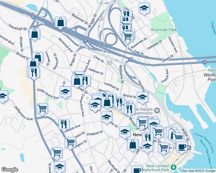 map of restaurants, bars, coffee shops, grocery stores, and more near 48 Vauxhall Street in New London