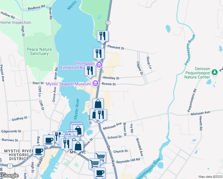 map of restaurants, bars, coffee shops, grocery stores, and more near 28 Bruggeman Place in Stonington