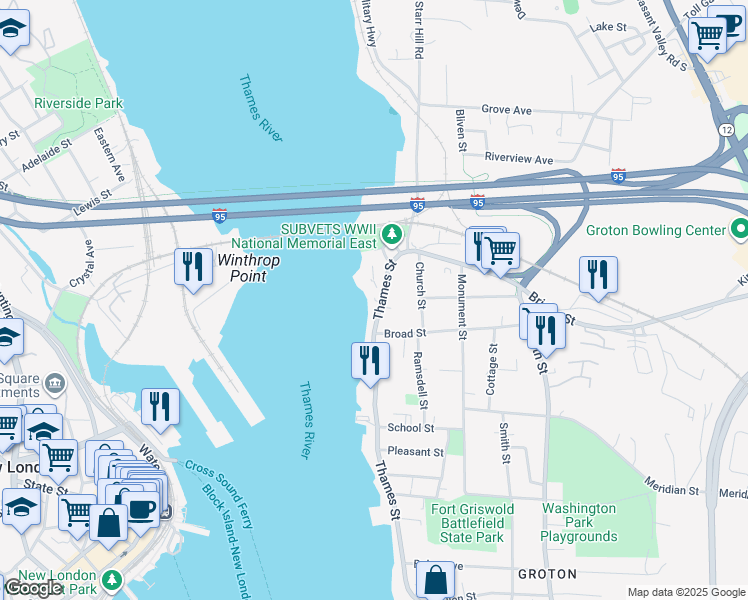 map of restaurants, bars, coffee shops, grocery stores, and more near 53 Thames Street in Groton