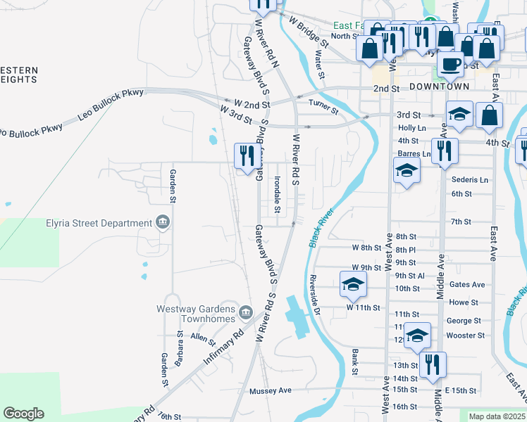 map of restaurants, bars, coffee shops, grocery stores, and more near 163 Irondale Street in Elyria