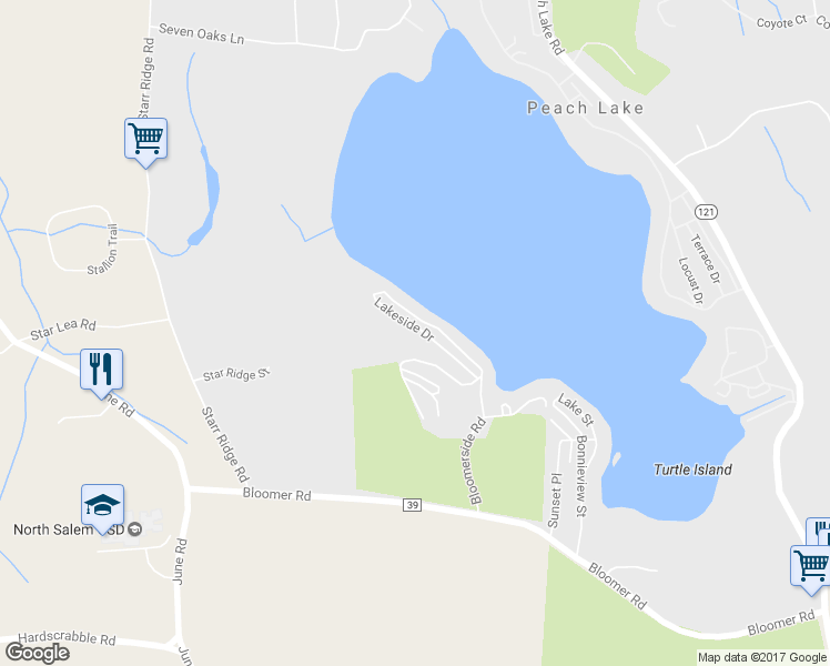 map of restaurants, bars, coffee shops, grocery stores, and more near 41 Lakeside Drive in North Salem