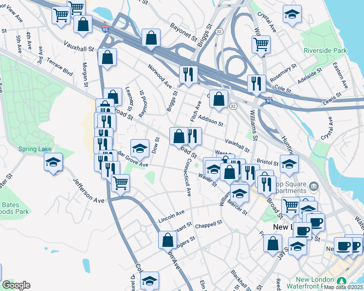 map of restaurants, bars, coffee shops, grocery stores, and more near 279 Broad Street in New London