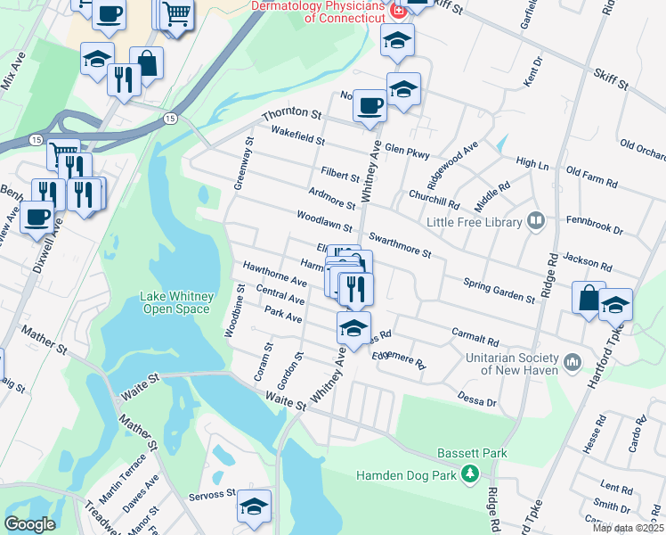 map of restaurants, bars, coffee shops, grocery stores, and more near 27 Harmon Street in Hamden