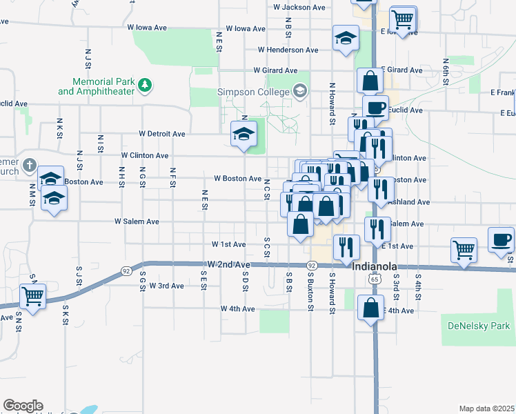 map of restaurants, bars, coffee shops, grocery stores, and more near 405 W Ashland Ave in Indianola