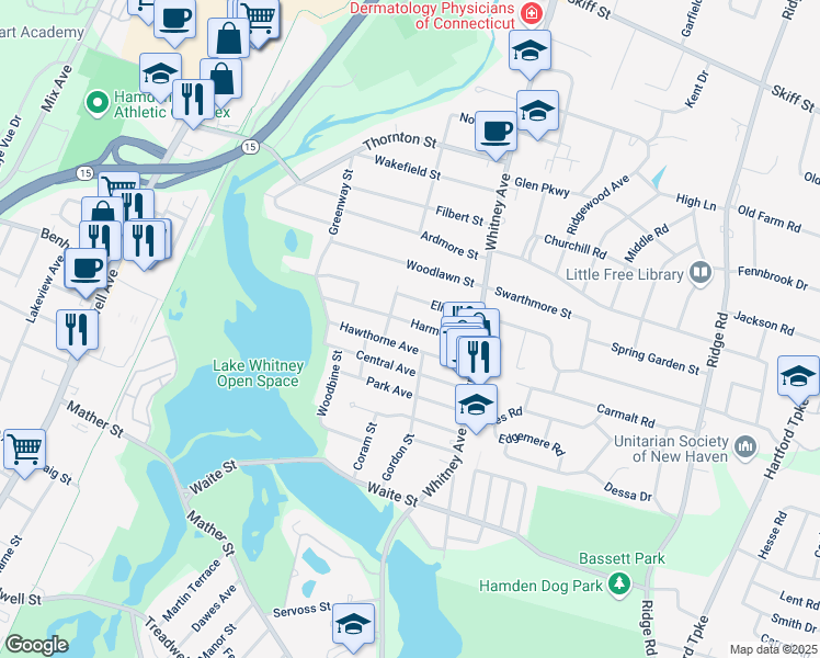 map of restaurants, bars, coffee shops, grocery stores, and more near 70 Harmon Street in Hamden