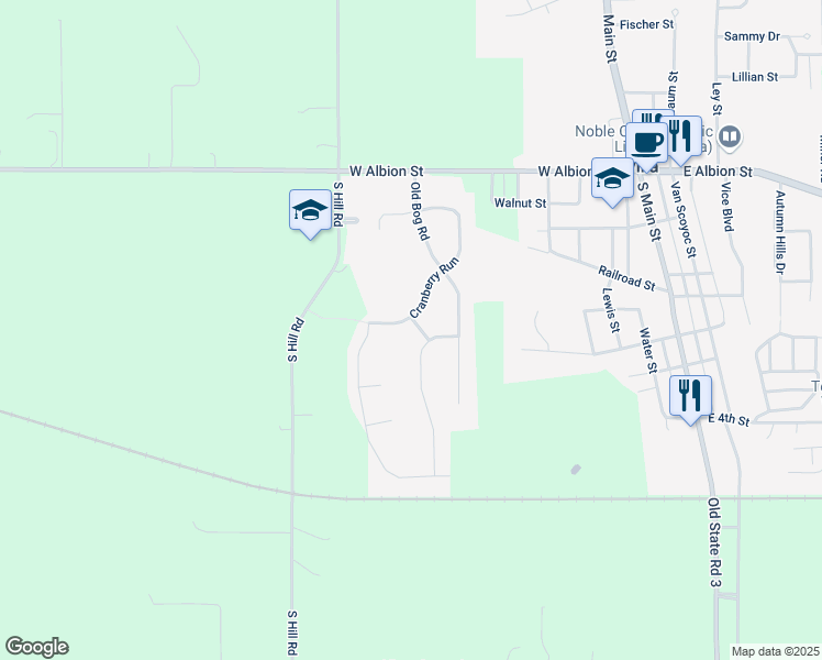 map of restaurants, bars, coffee shops, grocery stores, and more near 304 Aurora Drive in Avilla