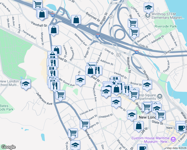 map of restaurants, bars, coffee shops, grocery stores, and more near 279 Broad Street in New London