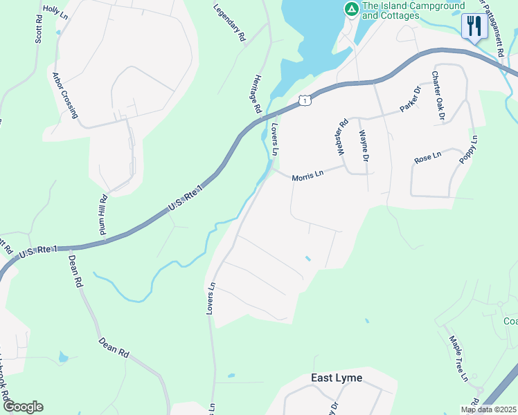 map of restaurants, bars, coffee shops, grocery stores, and more near 38 Lovers Lane in East Lyme