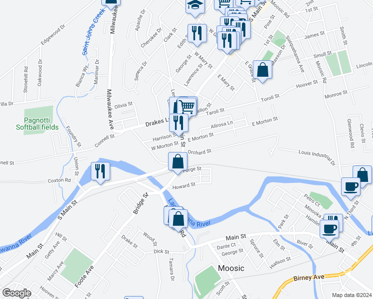 map of restaurants, bars, coffee shops, grocery stores, and more near 899 S Main St in Old Forge