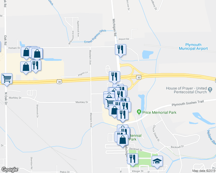 map of restaurants, bars, coffee shops, grocery stores, and more near 2229 North Michigan Street in Plymouth