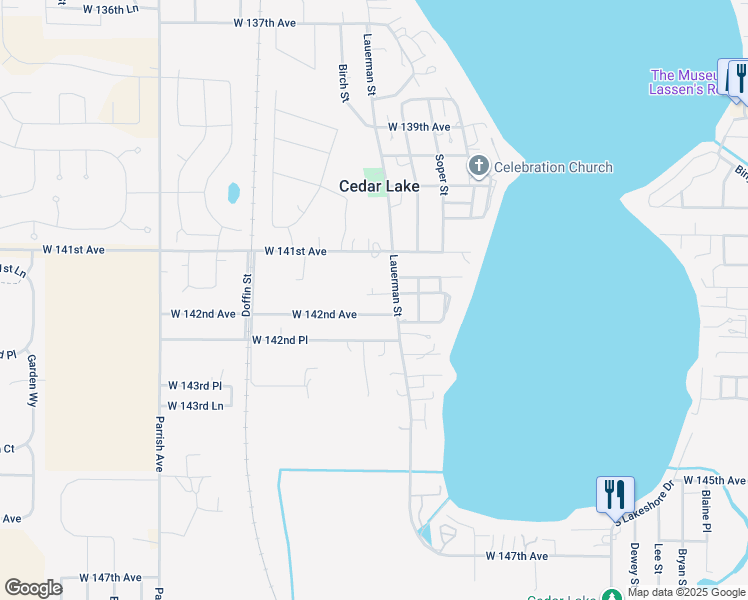 map of restaurants, bars, coffee shops, grocery stores, and more near 8708 West 141st Court in Cedar Lake