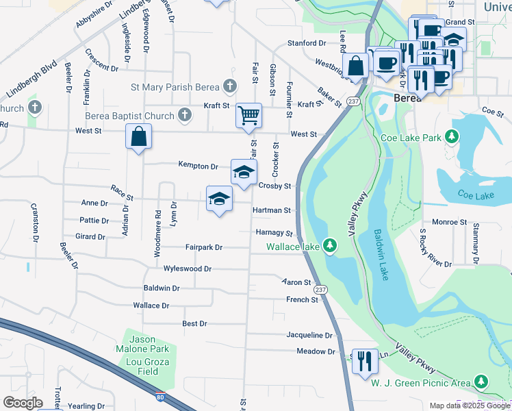 map of restaurants, bars, coffee shops, grocery stores, and more near 417 Fair Street in Berea