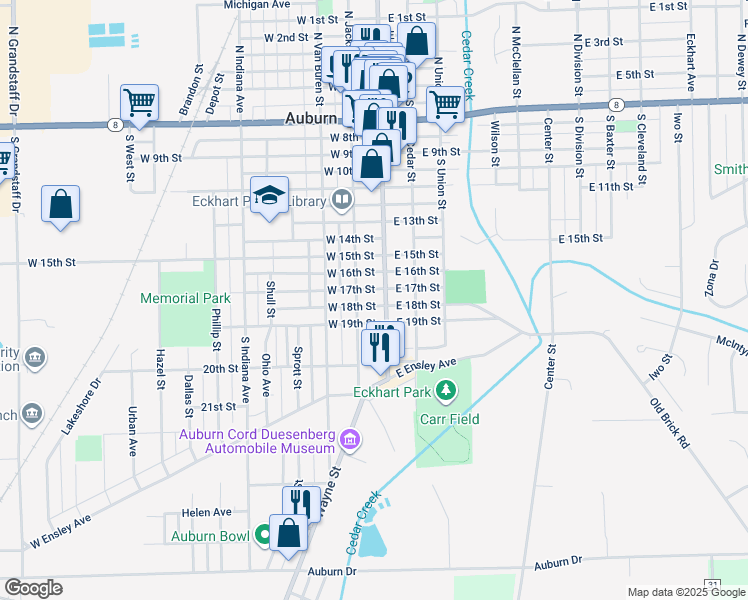 map of restaurants, bars, coffee shops, grocery stores, and more near 110 West 18th Street in Auburn